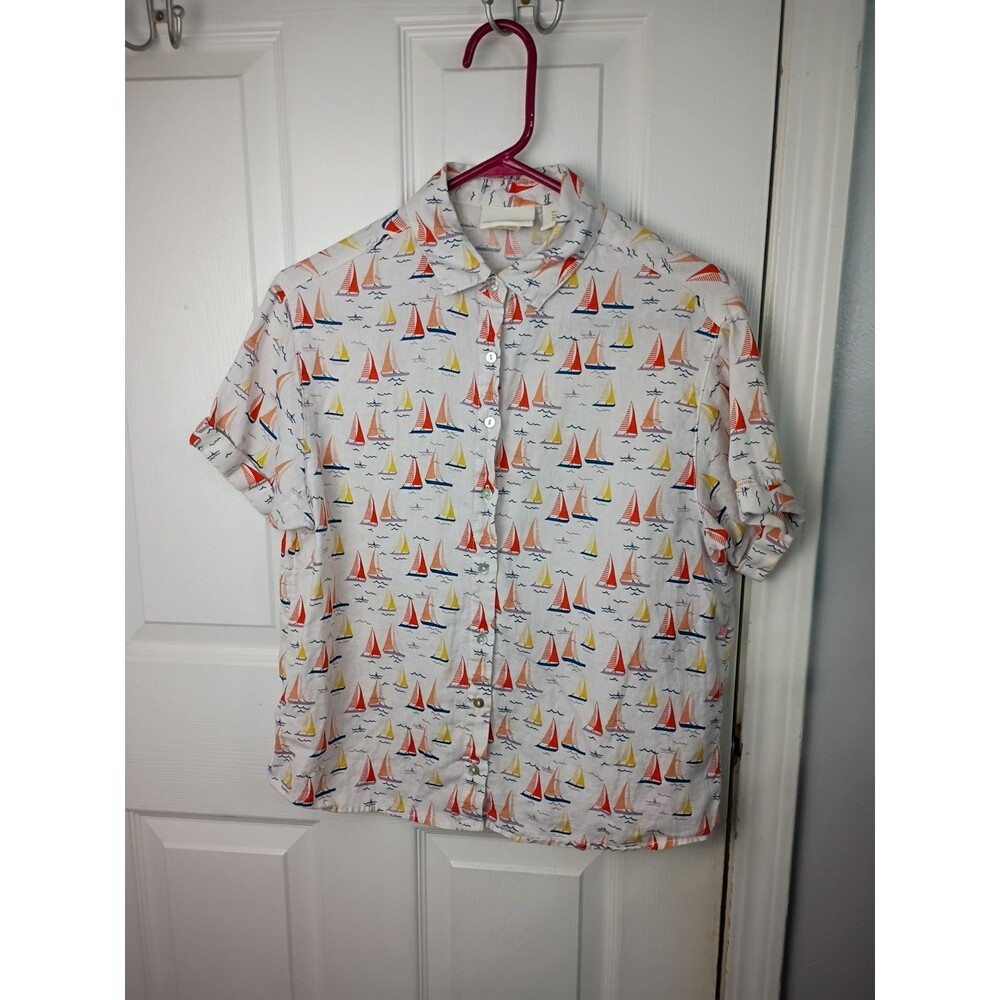 Cynthia Rowley Top Women S White Red Linen Sailboat Nautical Short Sleeve Boxy